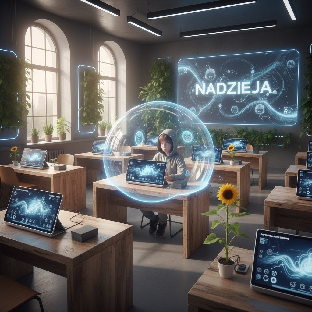 Uczeń samotnie pracujący w klasie z nauczycielem i tabletem AI, ukazujący emocje i nadzieję