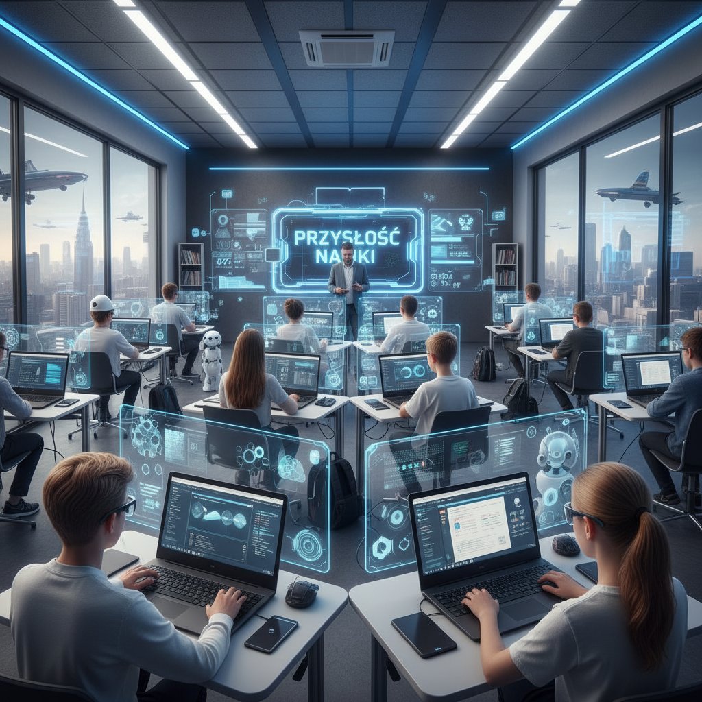 Nowoczesna polska klasa z elementami AI i edukacji cyfrowej, uczniowie z laptopami