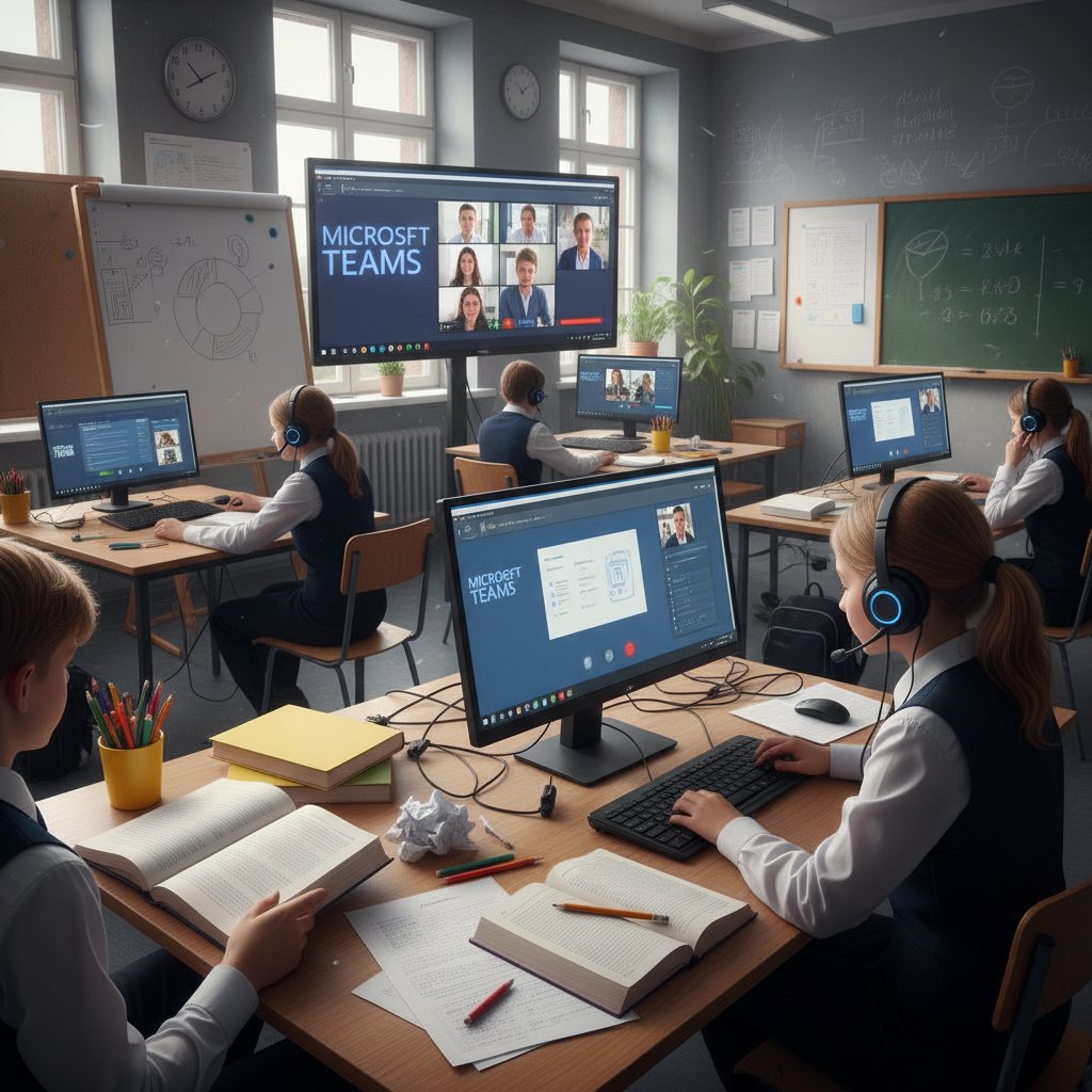 Polska klasa podzielona między chaos analogowy a porządek cyfrowy z widocznym interfejsem Teams