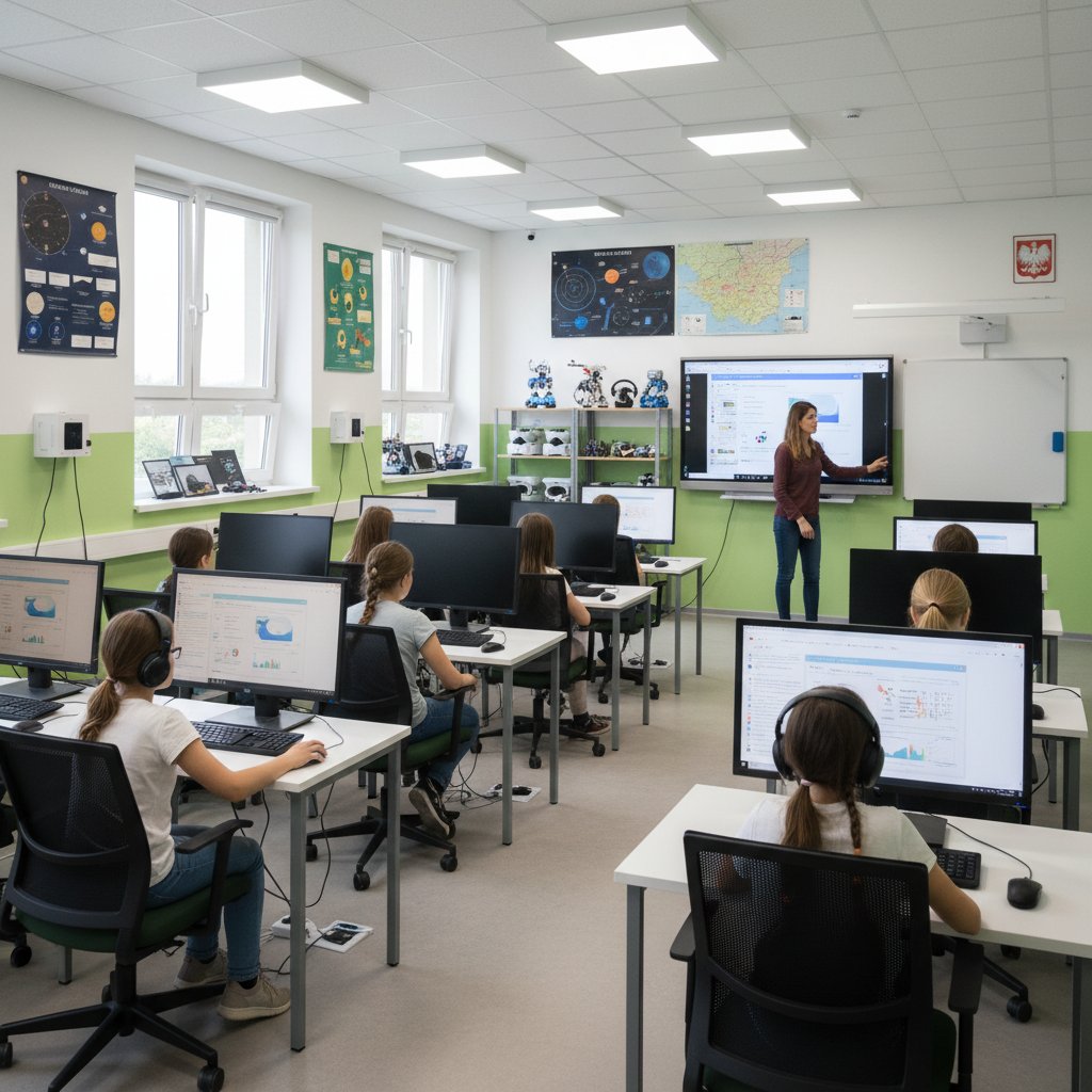 Uczniowie korzystający z komputerów w klasie, nauczyciel przy tablicy, nowoczesna sala informatyczna