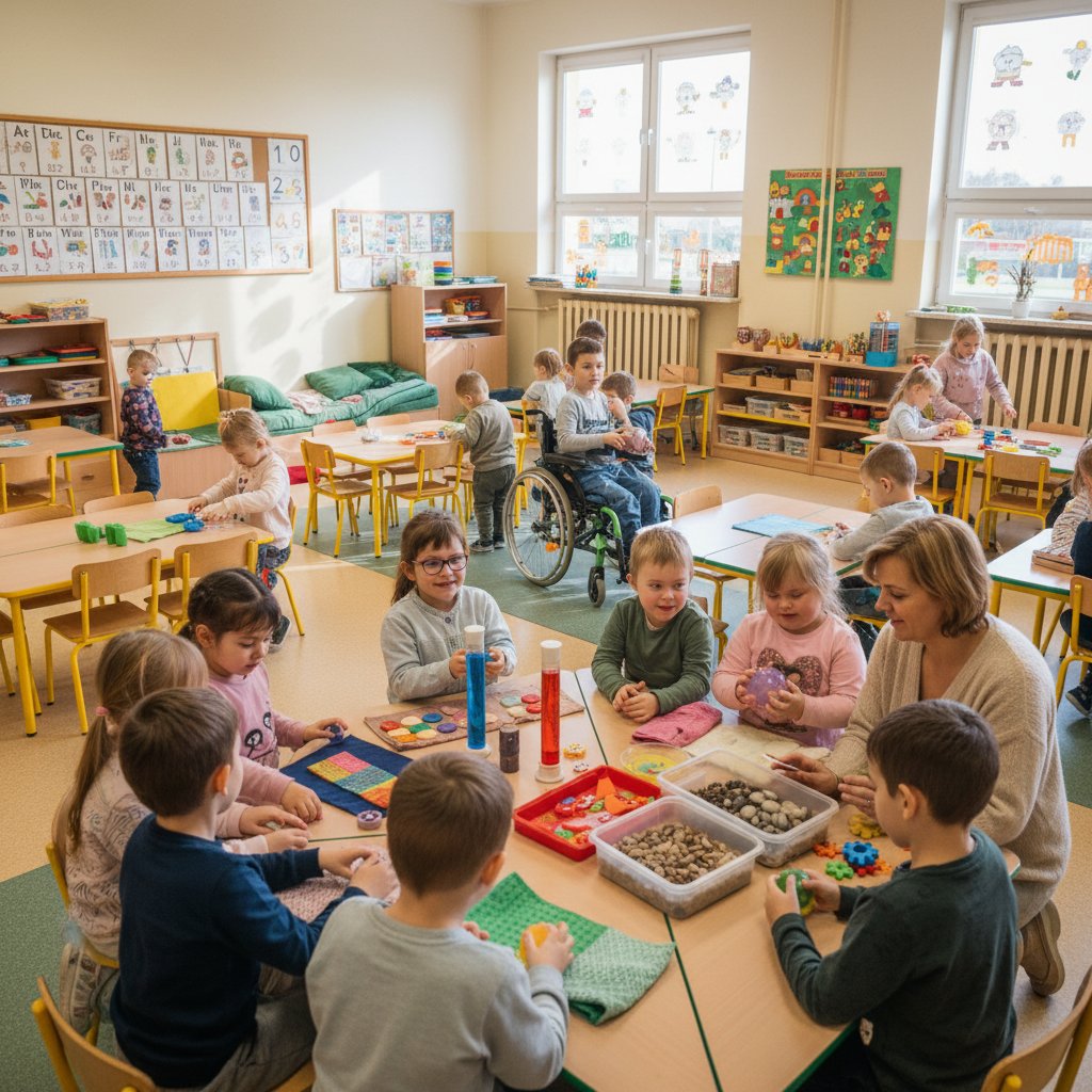 Dziecko ze spektrum autyzmu w klasie z zabawką sensoryczną, polska szkoła, inkluzja, edukacja autyzm