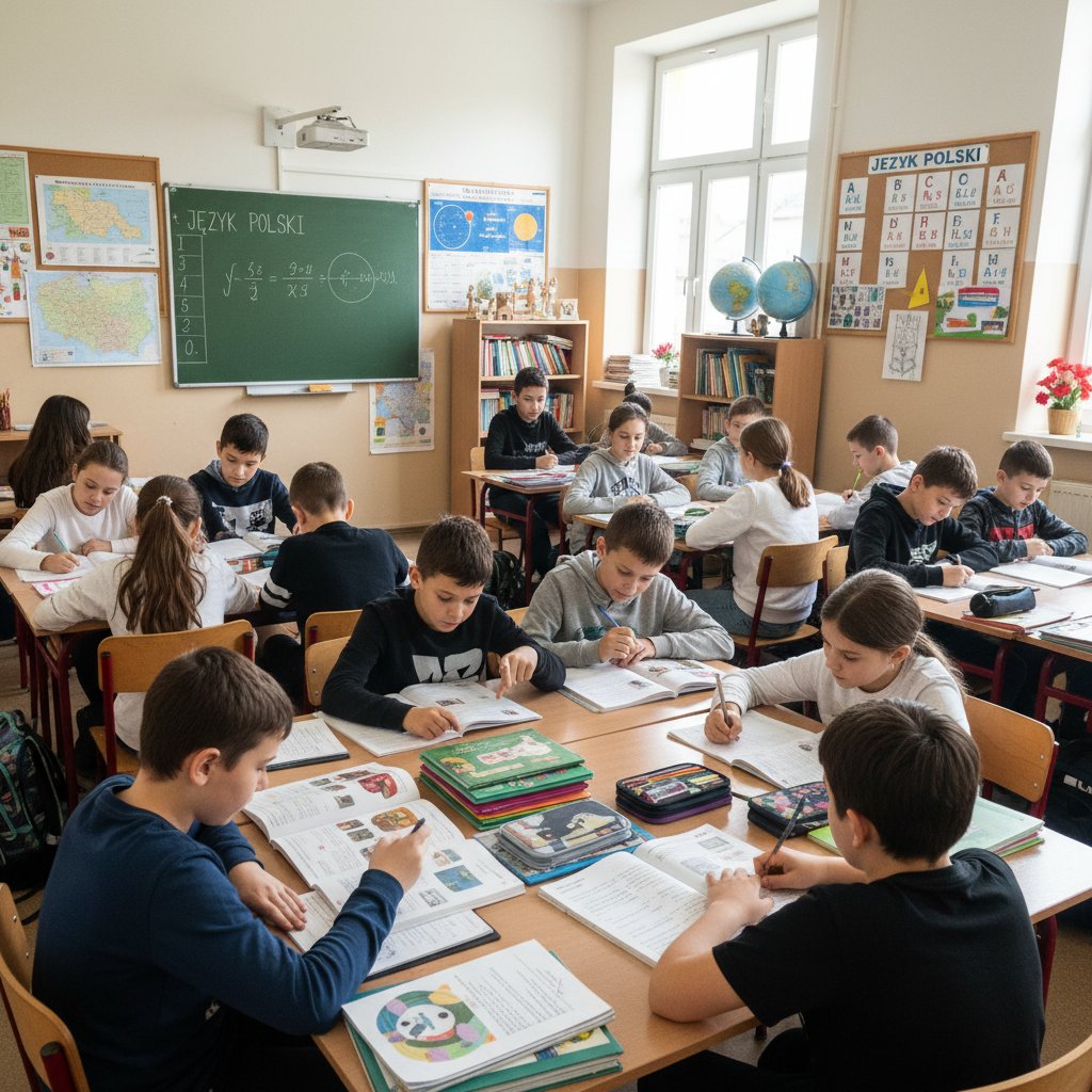 Grupa uczniów w realistycznej polskiej klasie z różnorodnymi podręcznikami – materiały edukacyjne dopasowane do potrzeb