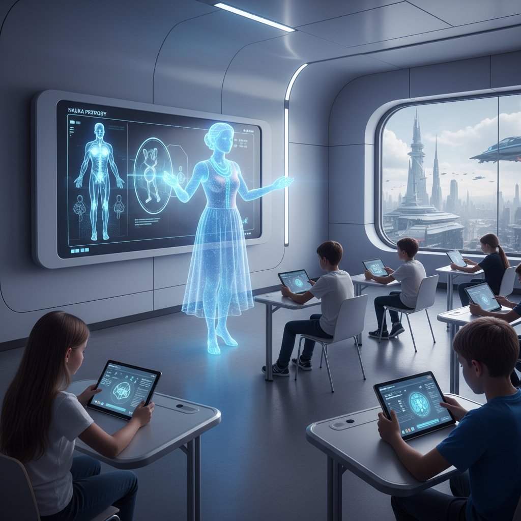 Polska klasa z holograficznym nauczycielem i uczniami korzystającymi z tabletów