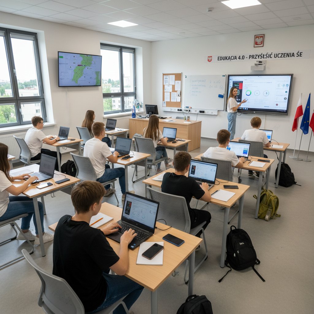 Polska klasa korzystająca z laptopów i smartfonów, nowoczesne technologie w nauczaniu