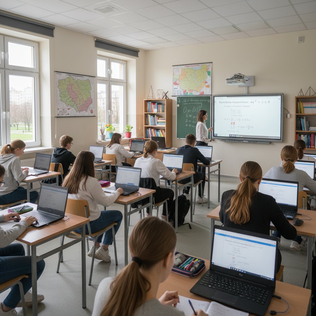 Polska klasa korzystająca z laptopów podczas lekcji matematyki