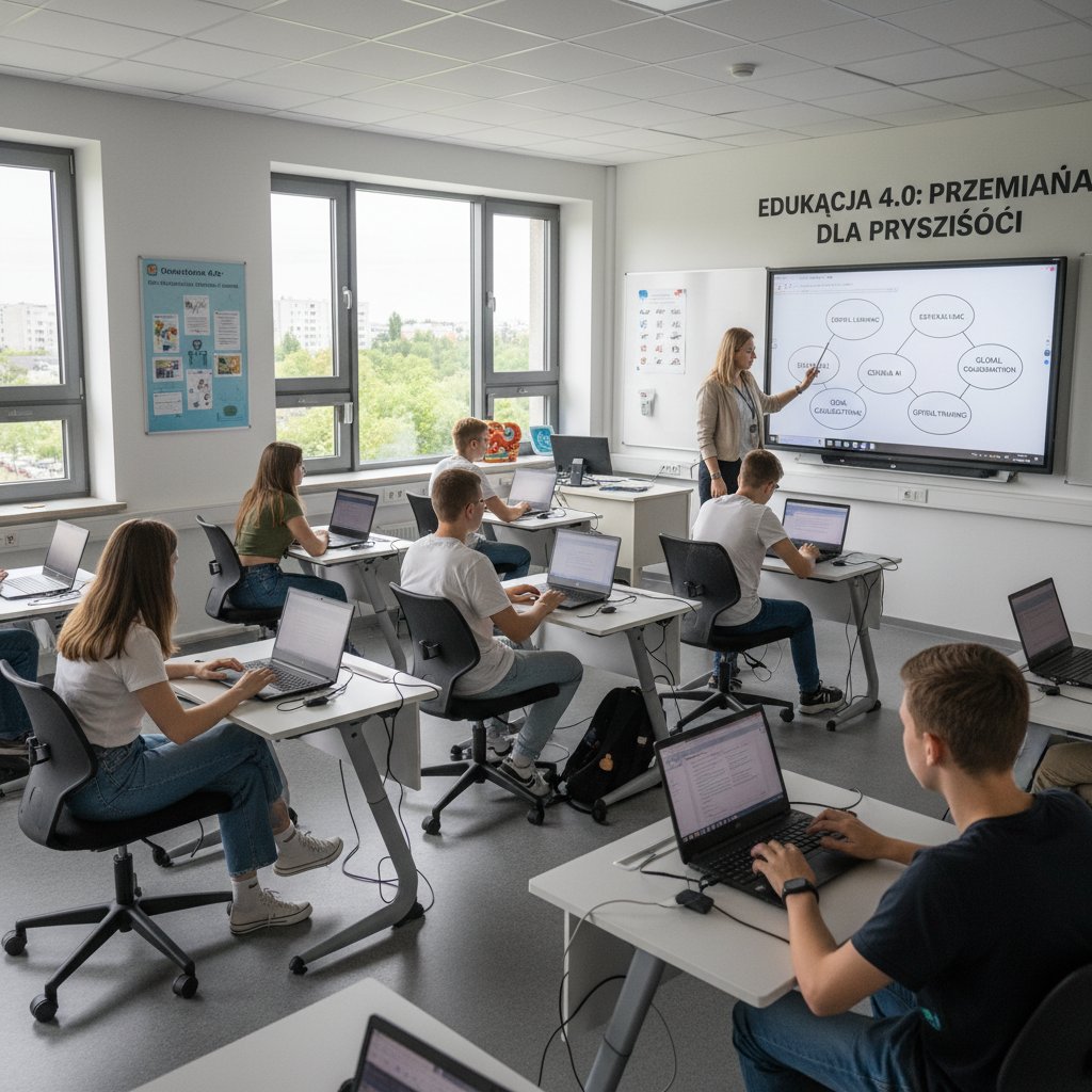 Zdjęcie przedstawiające polską klasę tradycyjną i ucznia przy laptopie - symbol przejścia z offline do online