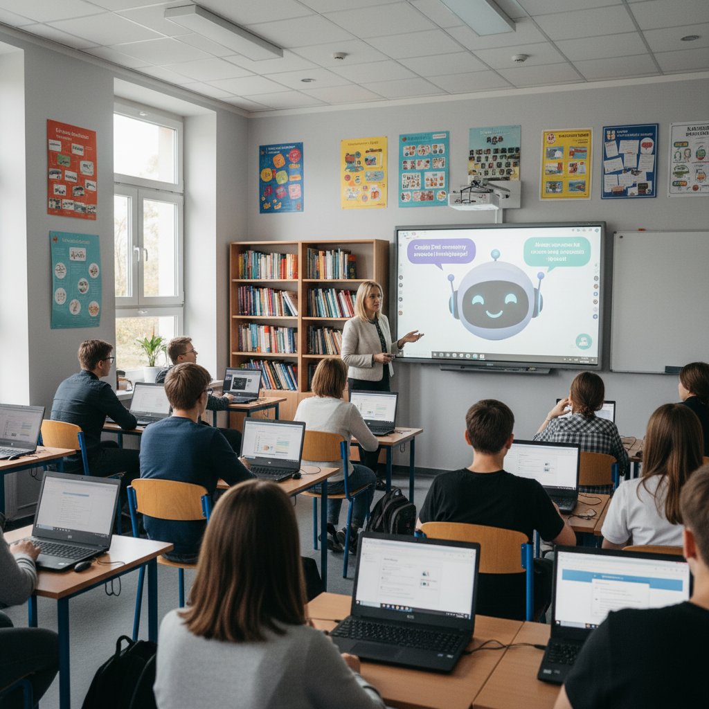 Sala lekcyjna w polskiej szkole z uczniami korzystającymi z laptopów i chatbotów AI