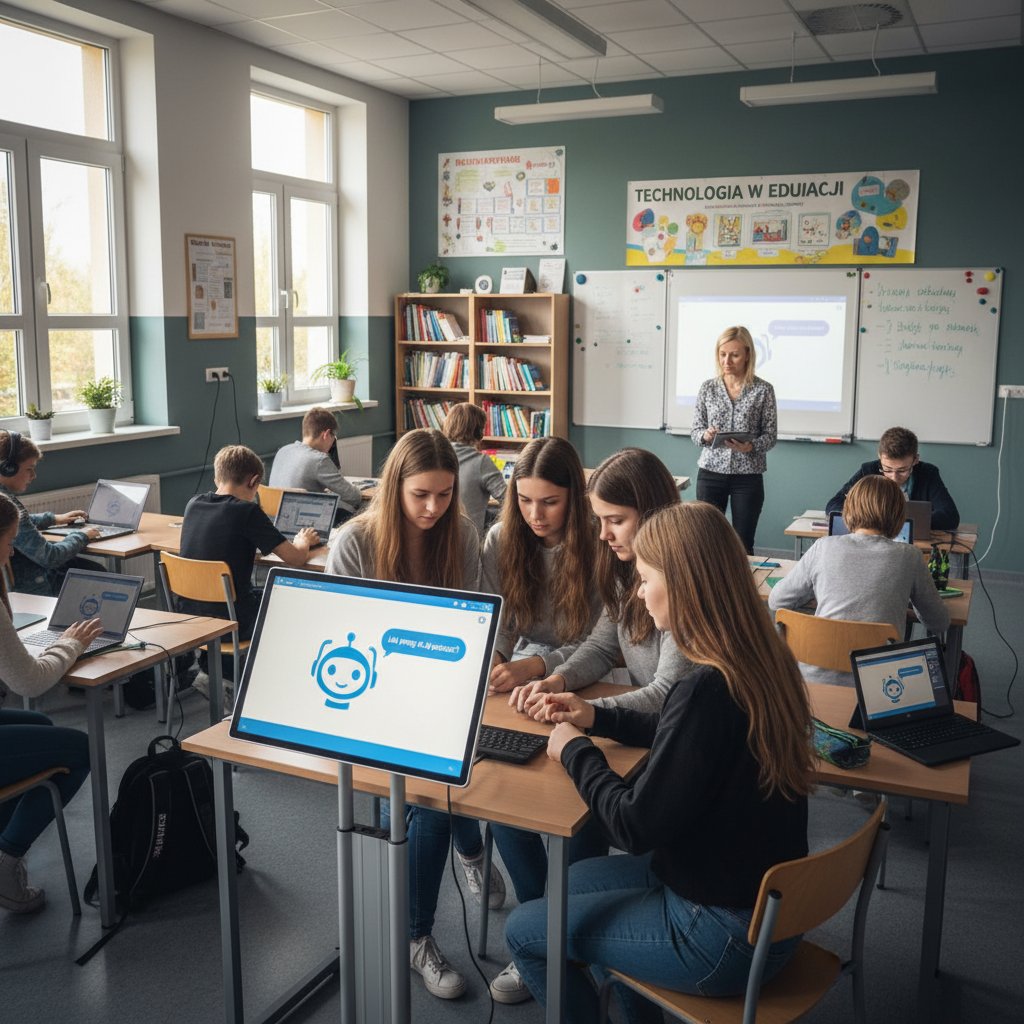 Rzeczywista klasa w Polsce, uczniowie korzystający z różnych urządzeń – chatbot edukacyjny w praktyce