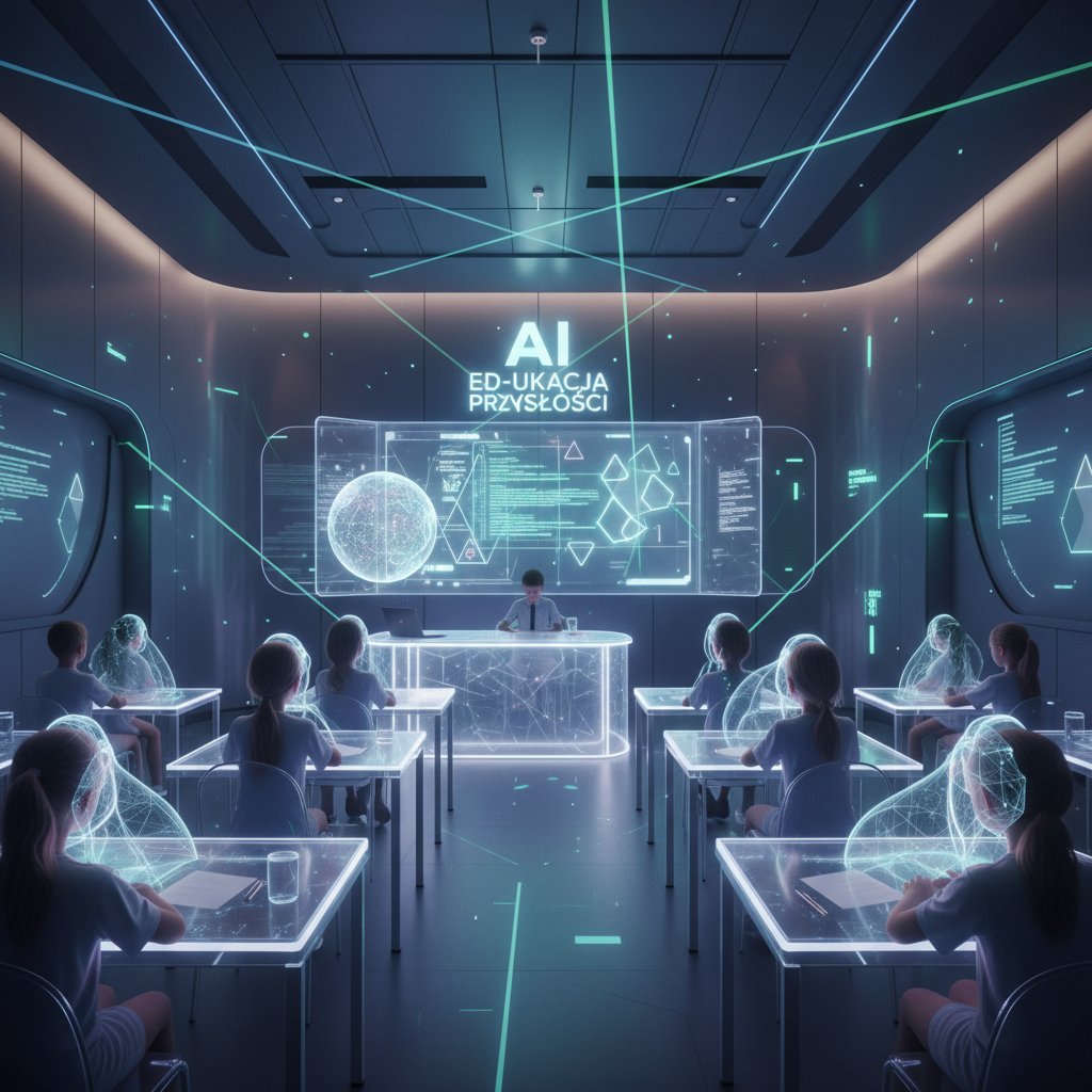 Nowoczesna klasa z polskimi uczniami i wirtualnymi awatarami na ekranach, edukacja AI