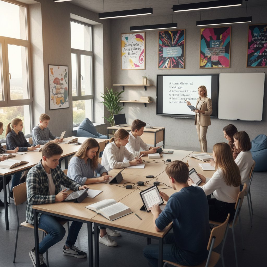Uczniowie korzystający z tabletów na lekcji polskiego, nowoczesna klasa
