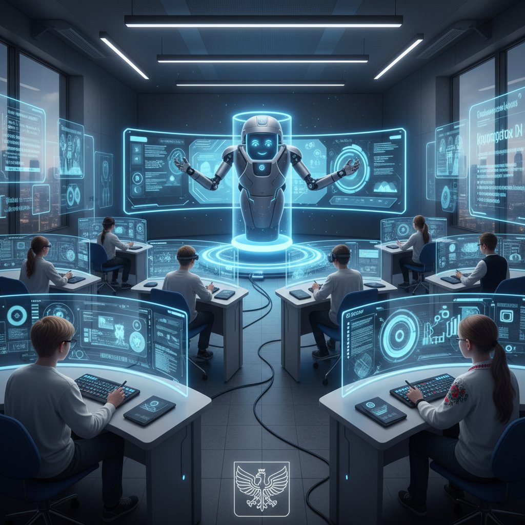 Nowoczesna klasa z uczniami korzystającymi z tabletów i laptopów, matematyka online