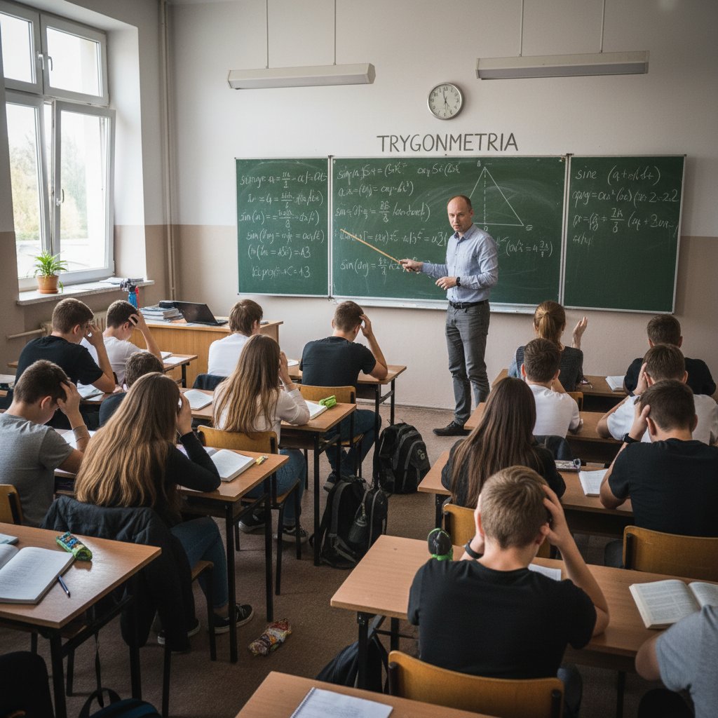 Uczniowie w polskiej klasie zmagający się z trygonometrią, tablica pełna wzorów matematycznych, skupione twarze, stresująca atmosfera