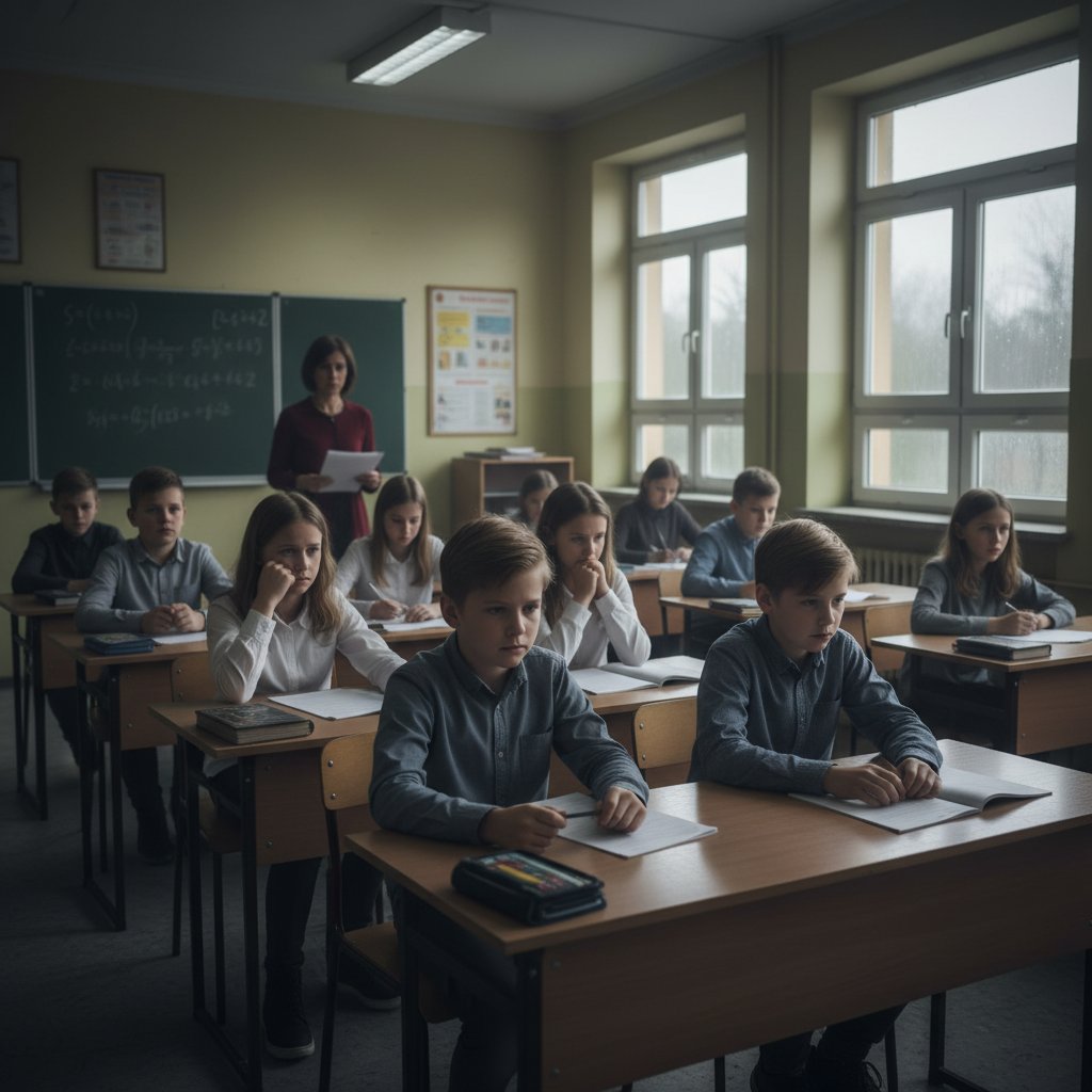 Polscy uczniowie doświadczający presji porażki w klasie, subtelne światło, autentyczna atmosfera, słowa kluczowe: przezwyciężanie trudności, presja szkolna