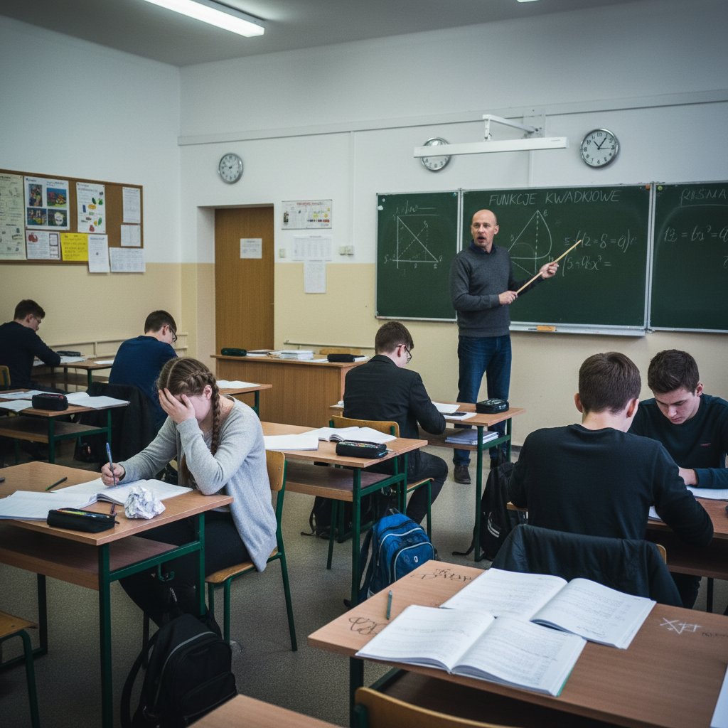 Uczniowie w polskiej klasie matematycznej z widocznym stresem na twarzach