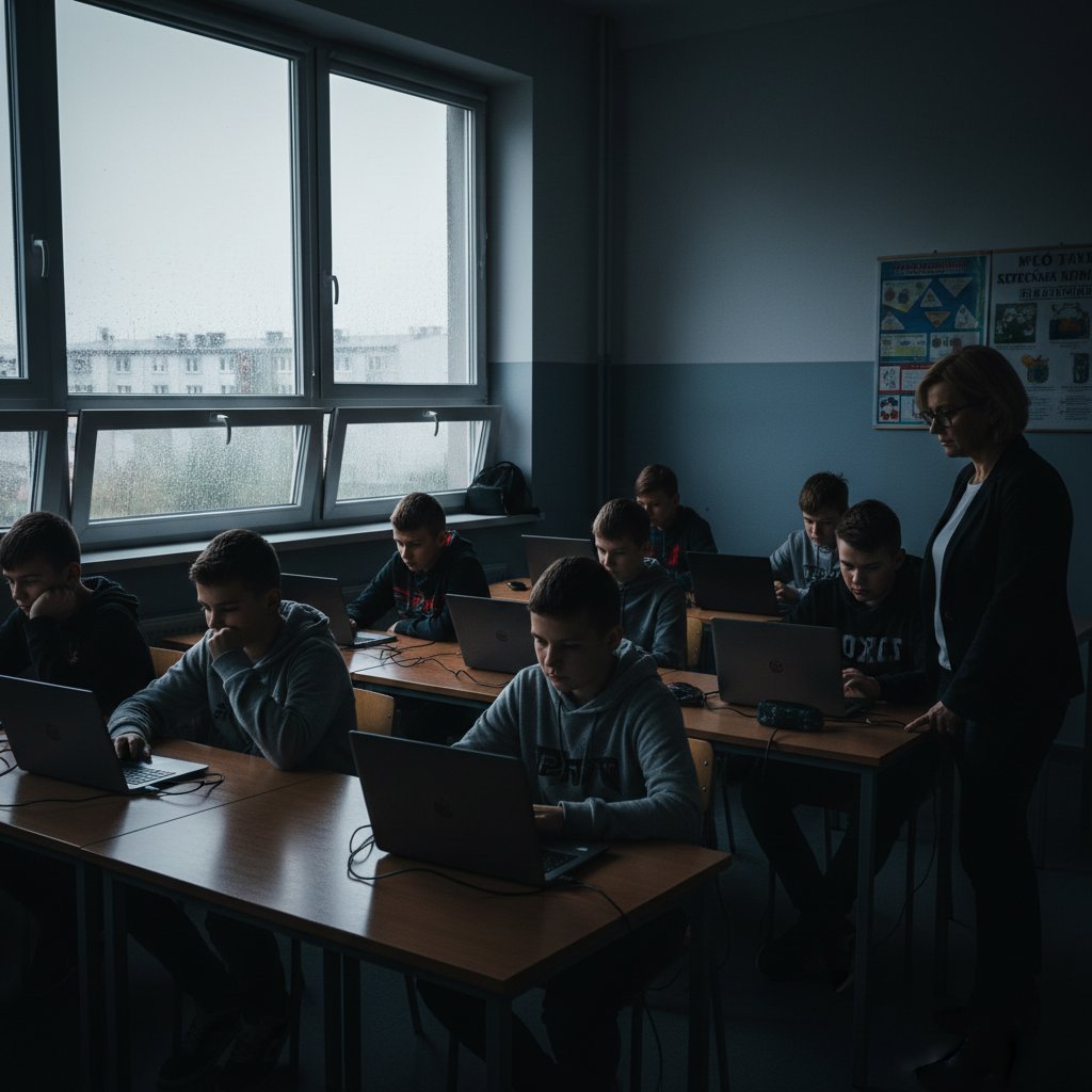 Sala lekcyjna podczas zdalnych testów – nowa codzienność polskich uczniów