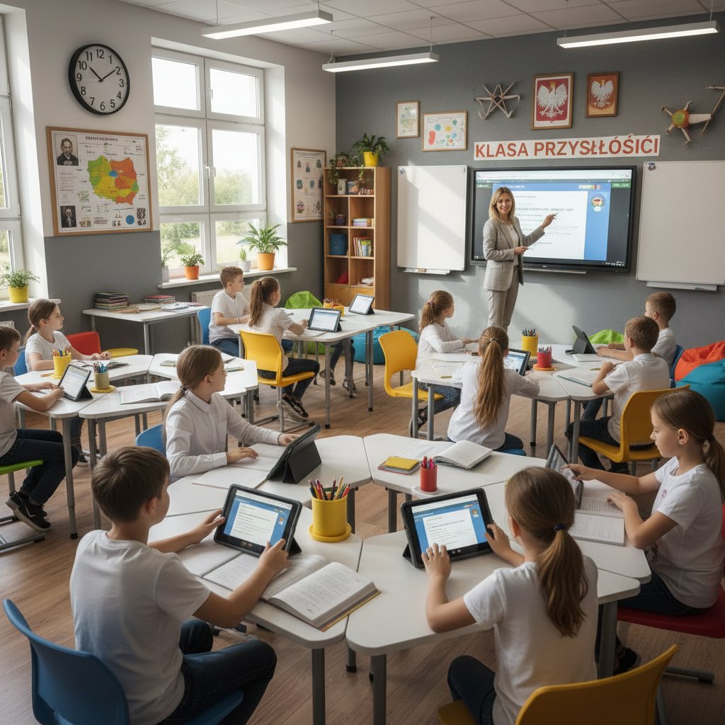 Polska klasa, nauczyciel i uczniowie korzystają z tabletów, widoczna mieszanka sceptycyzmu i ciekawości