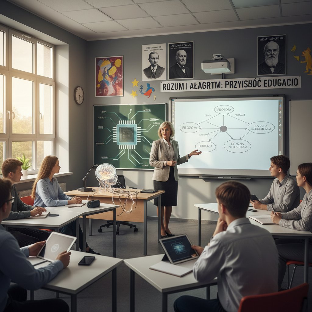 Polska klasa szkolna z nauczycielem korzystającym z platformy AI podczas lekcji filozofii