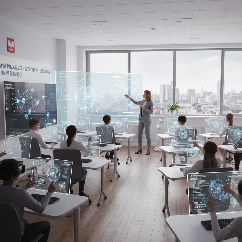 Polska klasa szkolna, nauczyciel i uczniowie z laptopami, dyskusja o AI, nowoczesne wnętrze