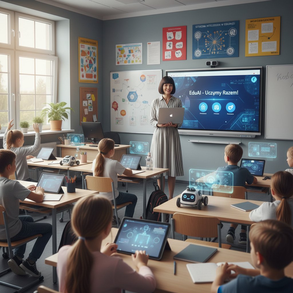 Polska klasa szkolna z nauczycielem korzystającym z laptopa do pracy z AI