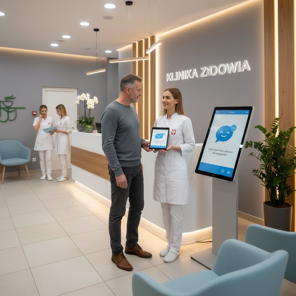 Recepcja polskiej przychodni z pracownikiem i tabletem z chatbotem
