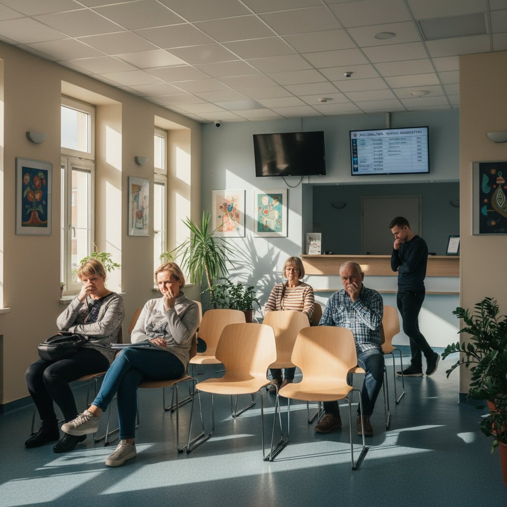 Poczekalnia kliniki w Polsce, pacjenci czekający na wyniki diagnozy