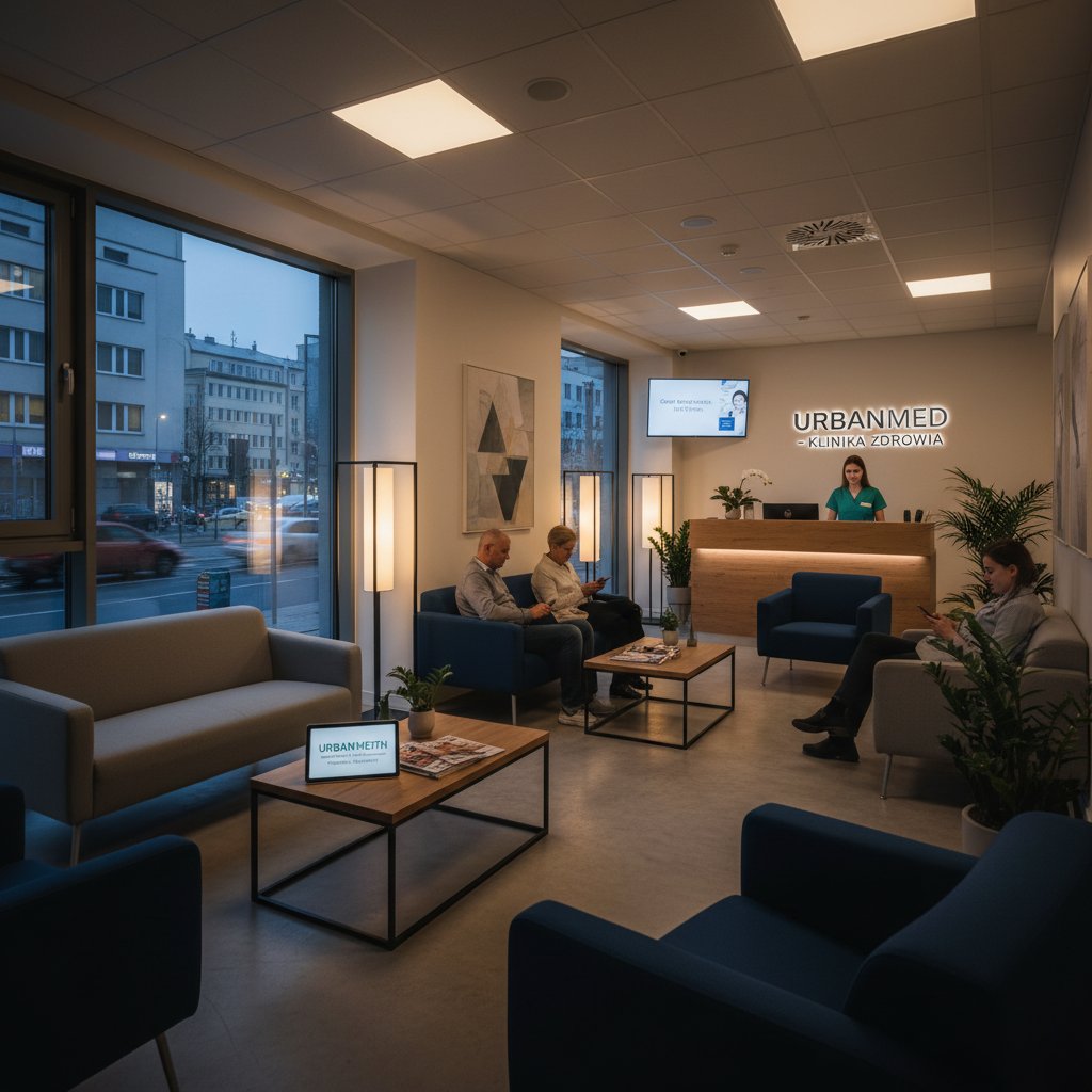 Poczekalnia w polskiej przychodni zdrowia, osoby czekające na wizytę, atmosfera napięcia, kluczowe słowo kluczowe: pomoc zdrowotna, system zdrowia