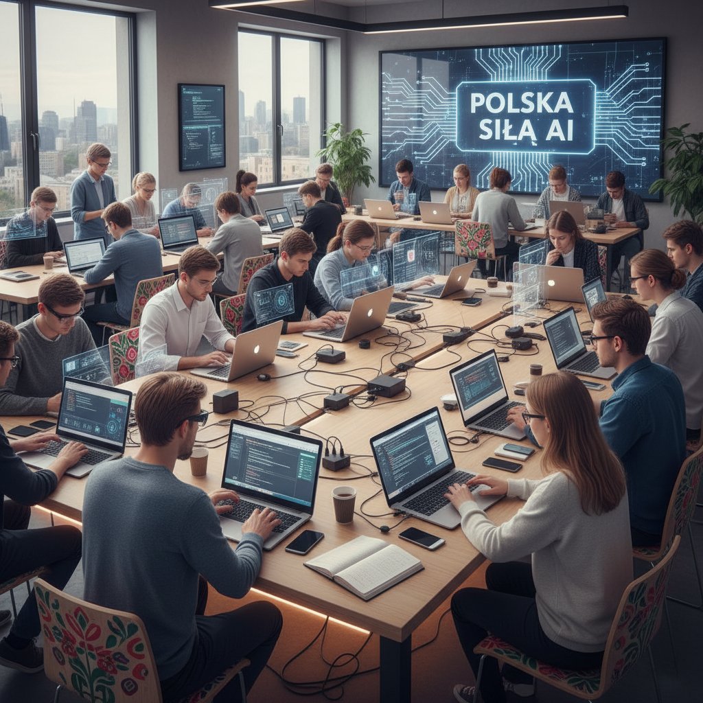 Społeczność użytkowników chatbotów AI w Polsce, młodzi Polacy z urządzeniami cyfrowymi, współpraca