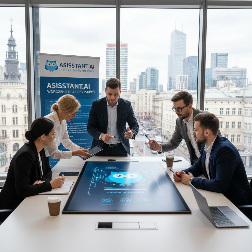 Nowoczesna polska firma podczas wdrożenia chatbota – zespół pracuje nad ekranem z panelem AI