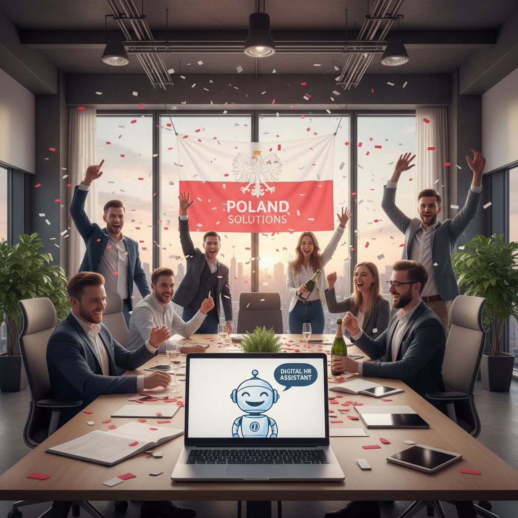 Zespół polskiej firmy świętuje wdrożenie cyfrowego asystenta HR, laptop z AI na pierwszym planie