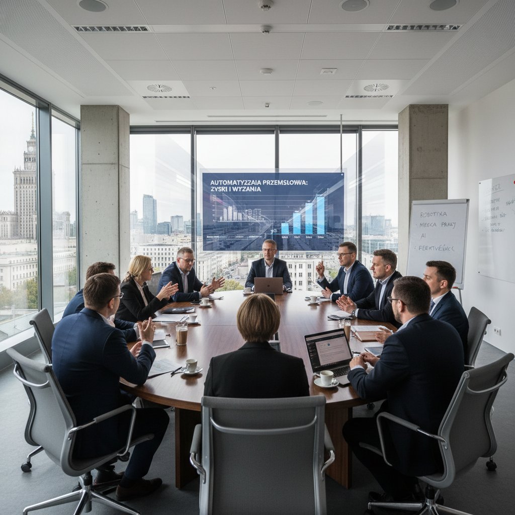 Sala konferencyjna w polskiej firmie, gdzie zespół debatuje nad wdrożeniem automatyzacji raportów