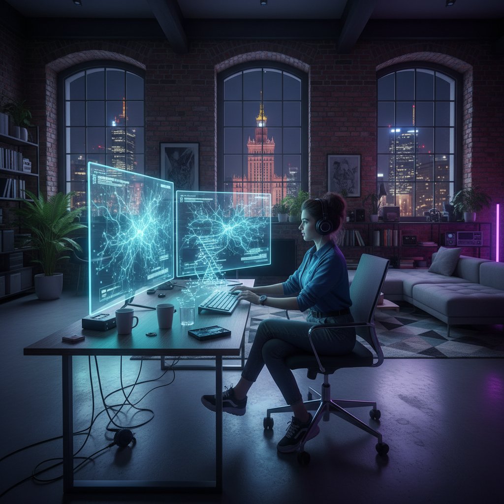 Twórca treści pracujący nocą z laptopem, w tle motywy sieci neuronowej