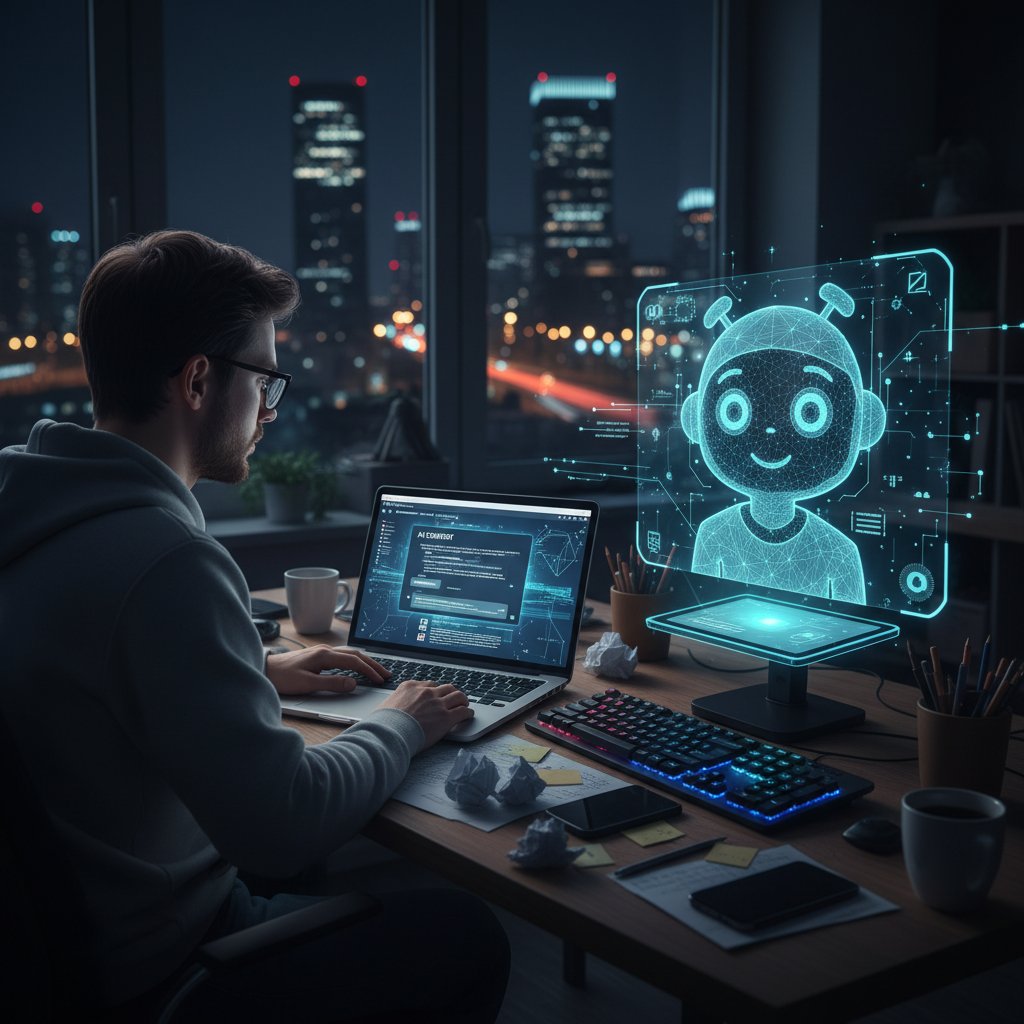 Polska copywriterka pracująca nocą przy laptopie, wokół cyfrowe awatary AI i kod