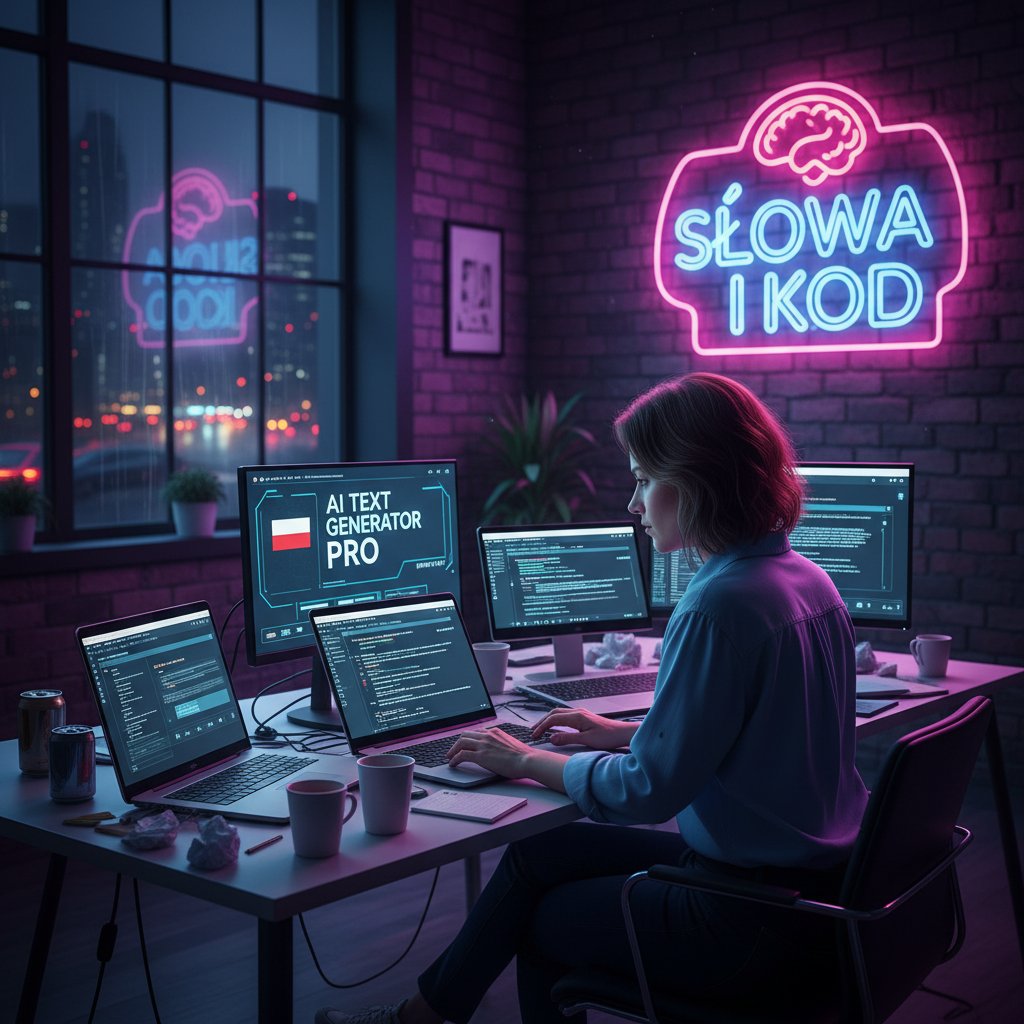 Polski copywriter korzystający z kilku narzędzi AI, ekran komputera z kodem i czatem, światło neonowe, atmosfera pracy nocą, narzędzia online do tworzenia treści