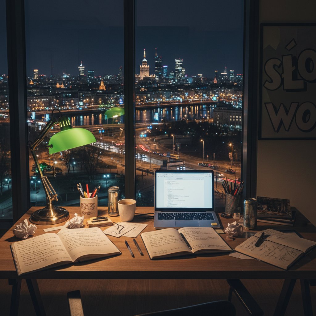 Biurko polskiego copywritera nocą, widok na miasto, kreatywny chaos
