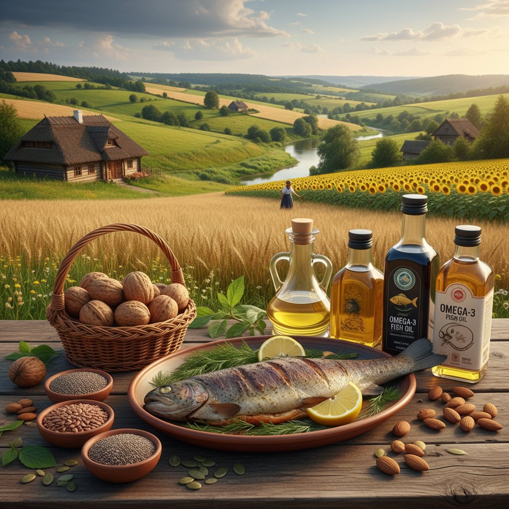 Stół w polskiej wsi z jedzeniem bogatym w kwasy omega 3: ryby, nasiona, oleje