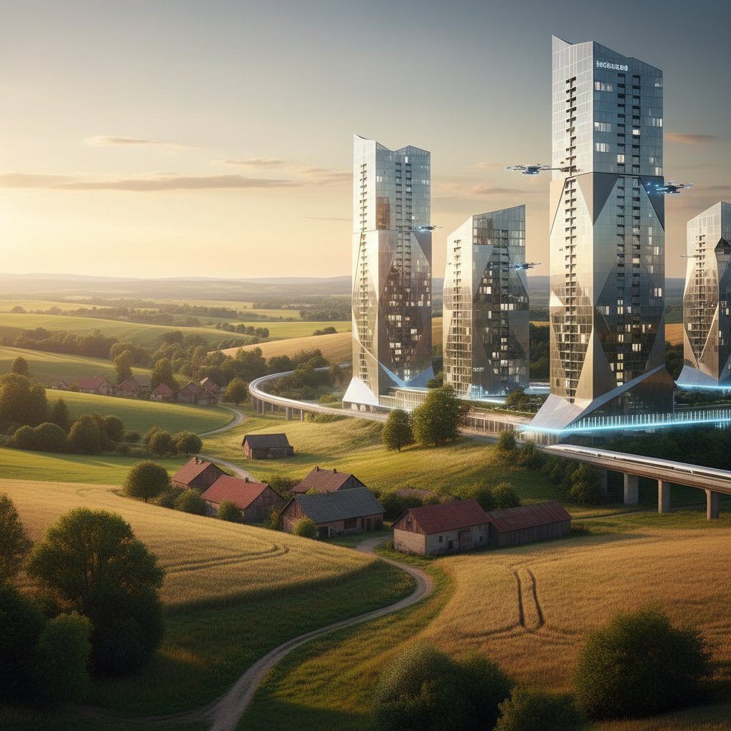 Scena z polskiej wsi i miejskiego blokowiska, obrazująca kontrast w dostępie do AI