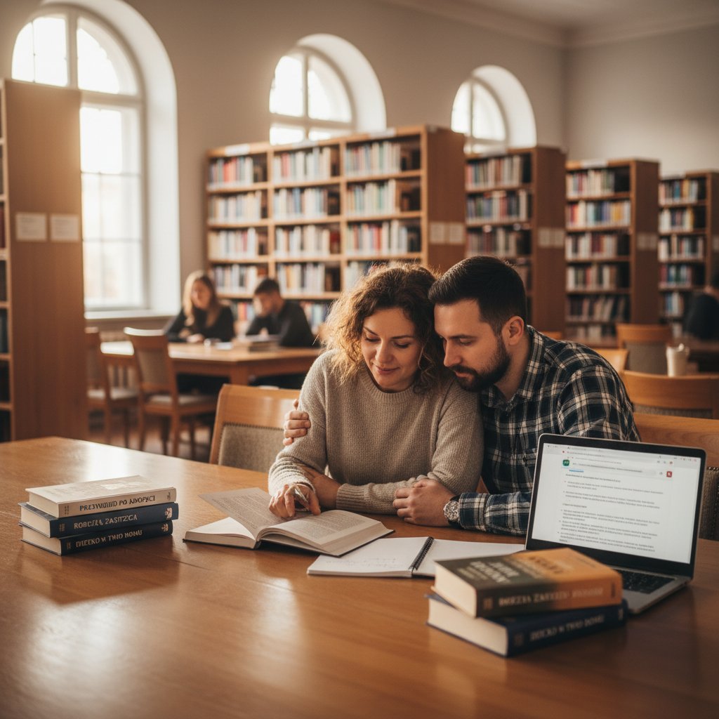 Polska para w bibliotece czytająca poradniki o adopcji, atmosfera skupienia