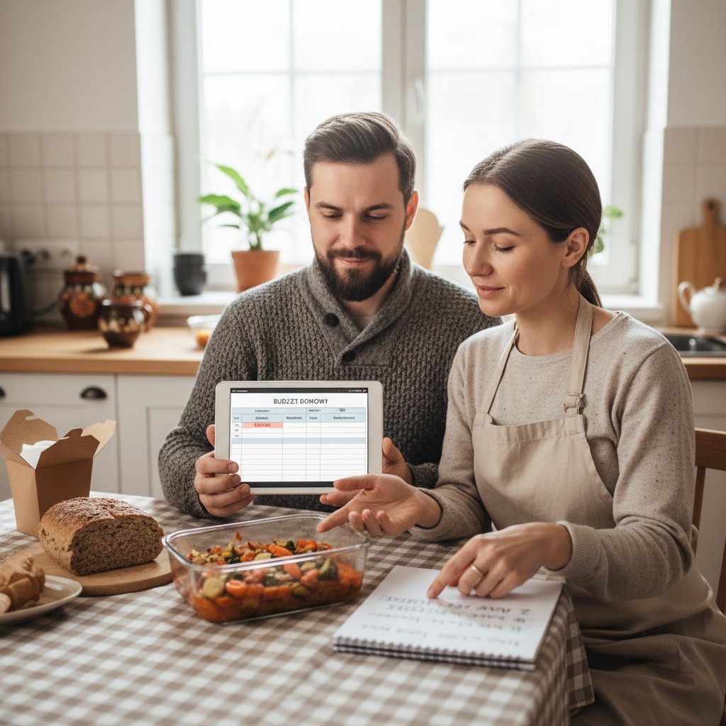 Para analizująca rachunki kuchenne przy stole pełnym resztek i planów posiłków