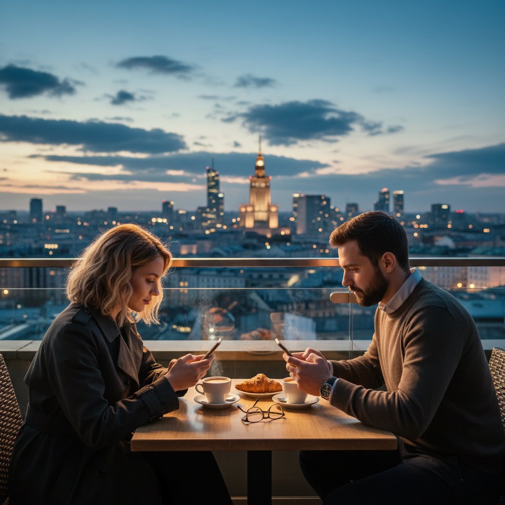 Para przy stoliku w kawiarni, każde patrzy w telefon, atmosfera napięcia, słowa kluczowe: porady randkowe, randki online, relacje
