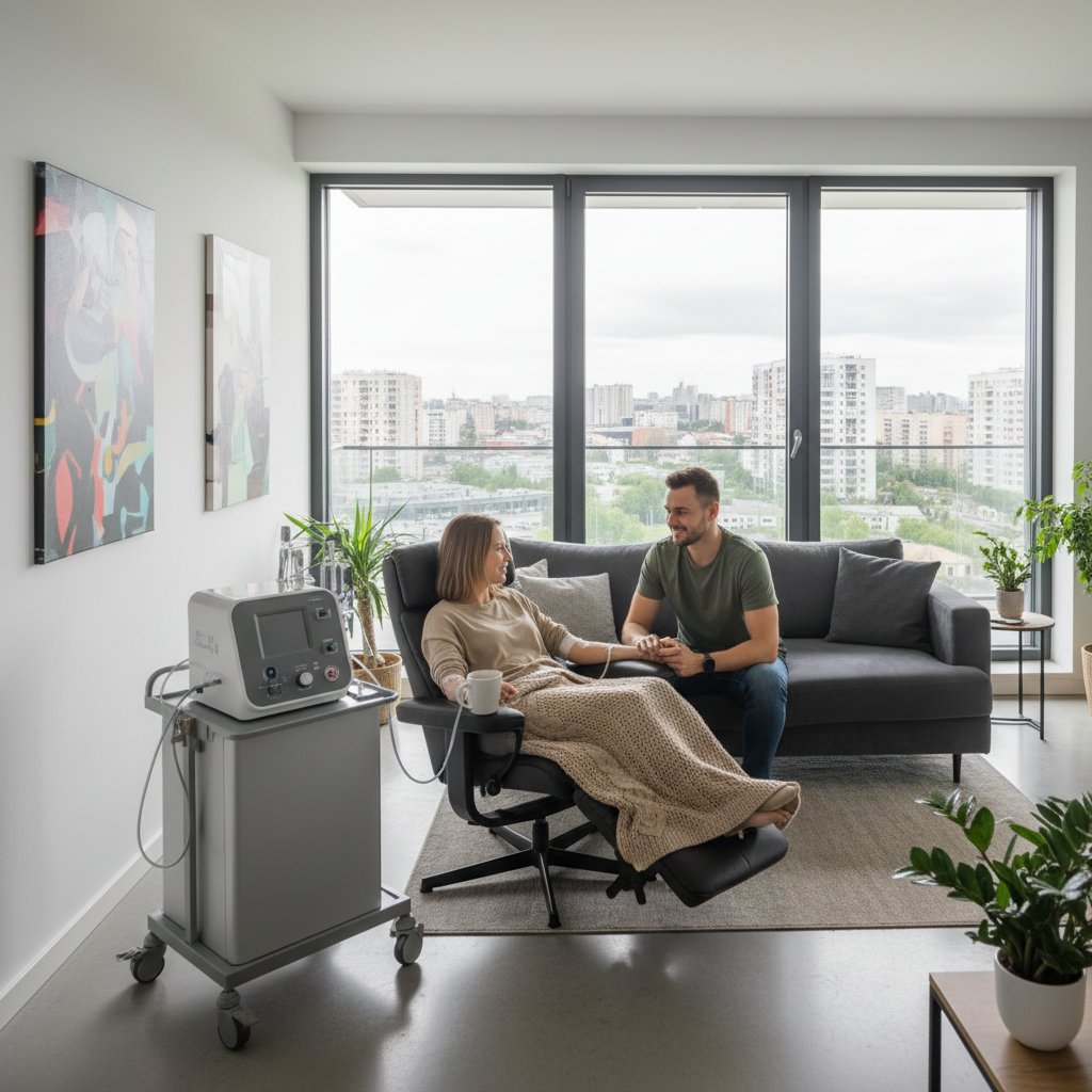 Kobieta i mężczyzna przeszkoleni do obsługi hemodializy domowej, siedzący przy aparacie, uśmiechnięci mimo wyzwań