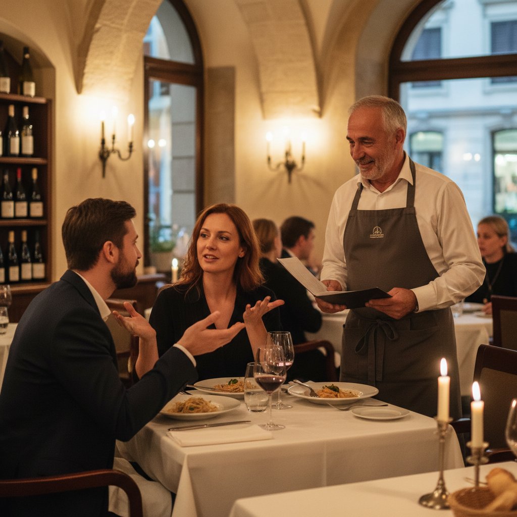 Polskie małżeństwo rozmawiające po włosku z włoskim kelnerem w restauracji, wieczorna atmosfera
