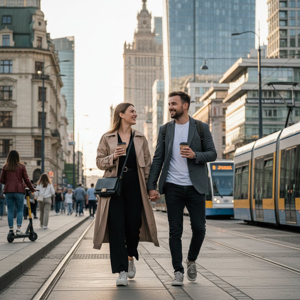 Polskie miasto, codzienne życie pary w nowoczesnym społeczeństwie