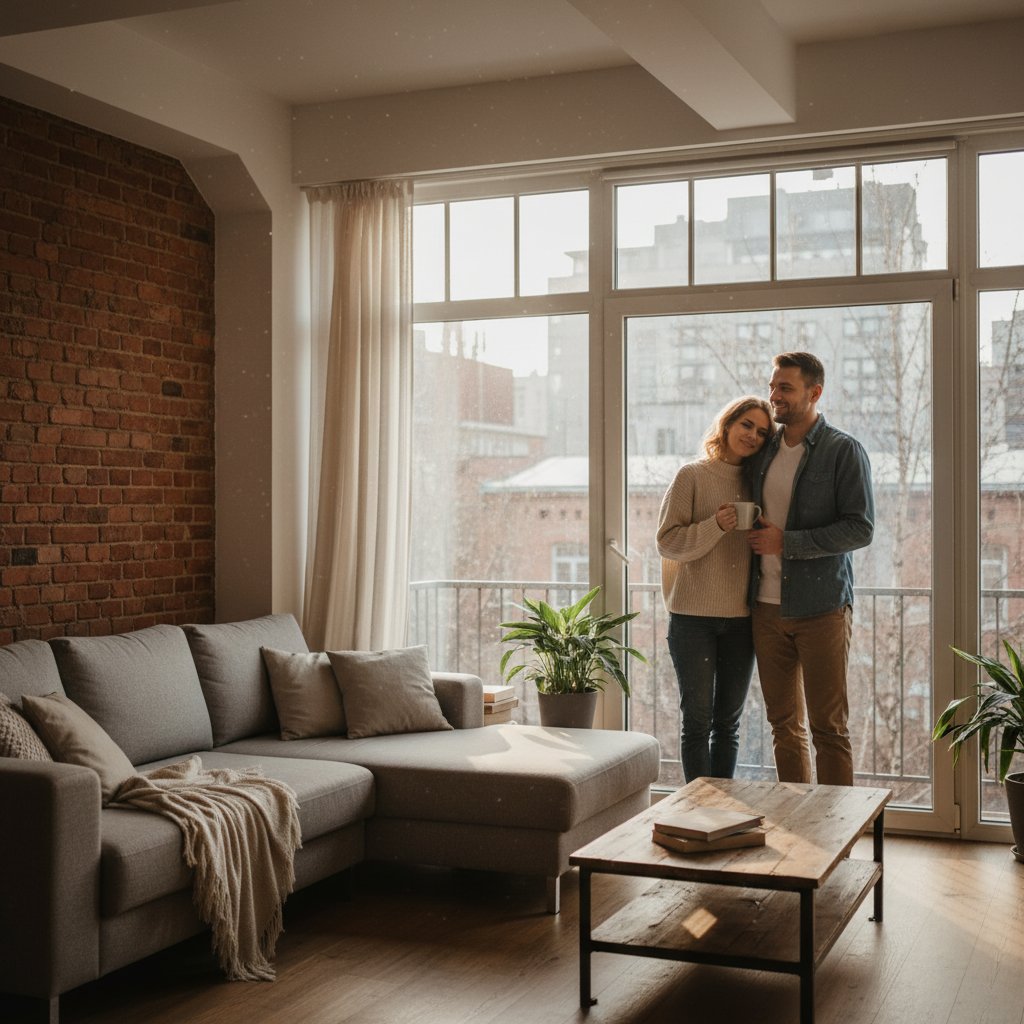 Polska para siedząca po dwóch stronach stołu, napięcie i nadzieja w spojrzeniu, światło poranka w mieszkaniu