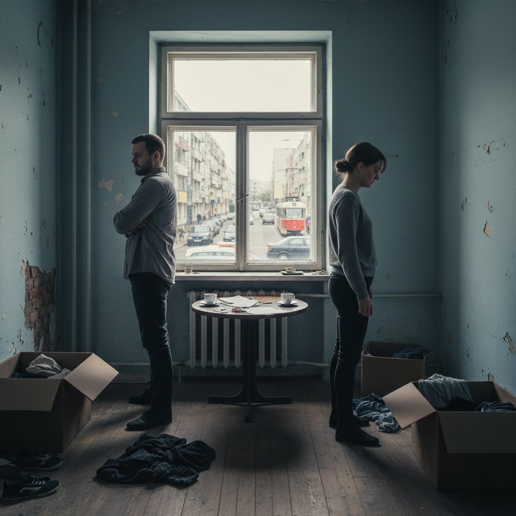 Para w średnim wieku siedząca naprzeciw siebie przy stole, oboje patrzą w różne strony, atmosfera napięcia