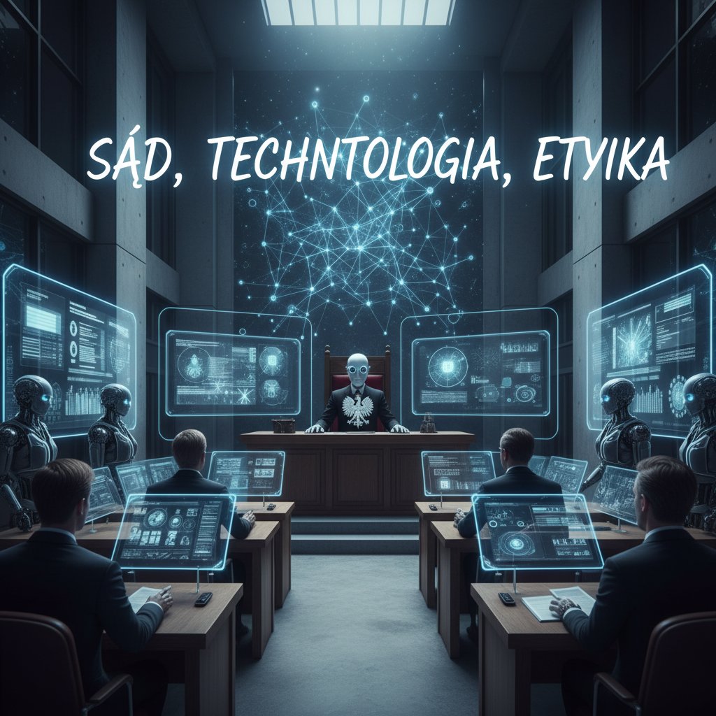Zdjęcie: sala sądowa w Polsce z symbolem AI na monitorze, etyka technologii