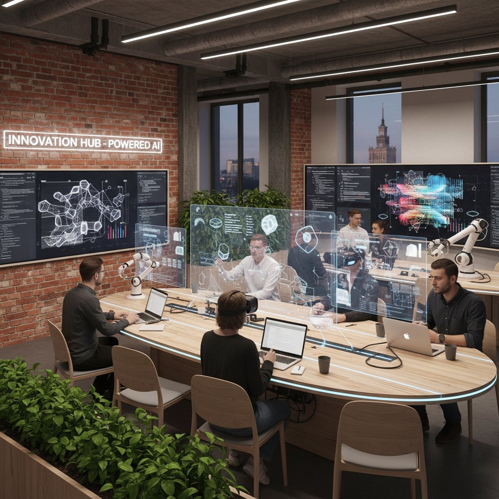 Nowoczesna przestrzeń coworkingowa w Polsce, grupa ludzi pracuje kreatywnie z AI, nowa era innowacji