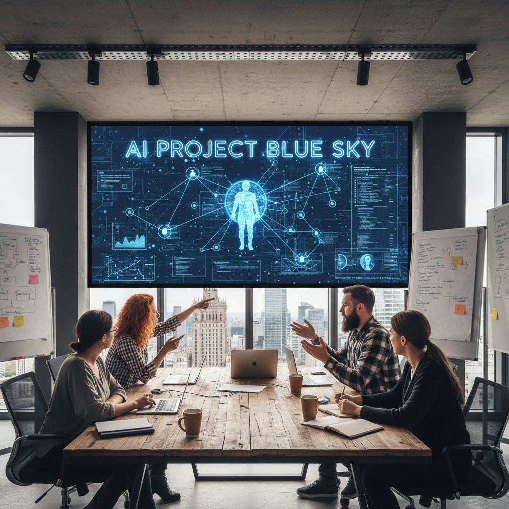 Polski zespół kreatywny analizujący projekty AI na dużym ekranie w biurze