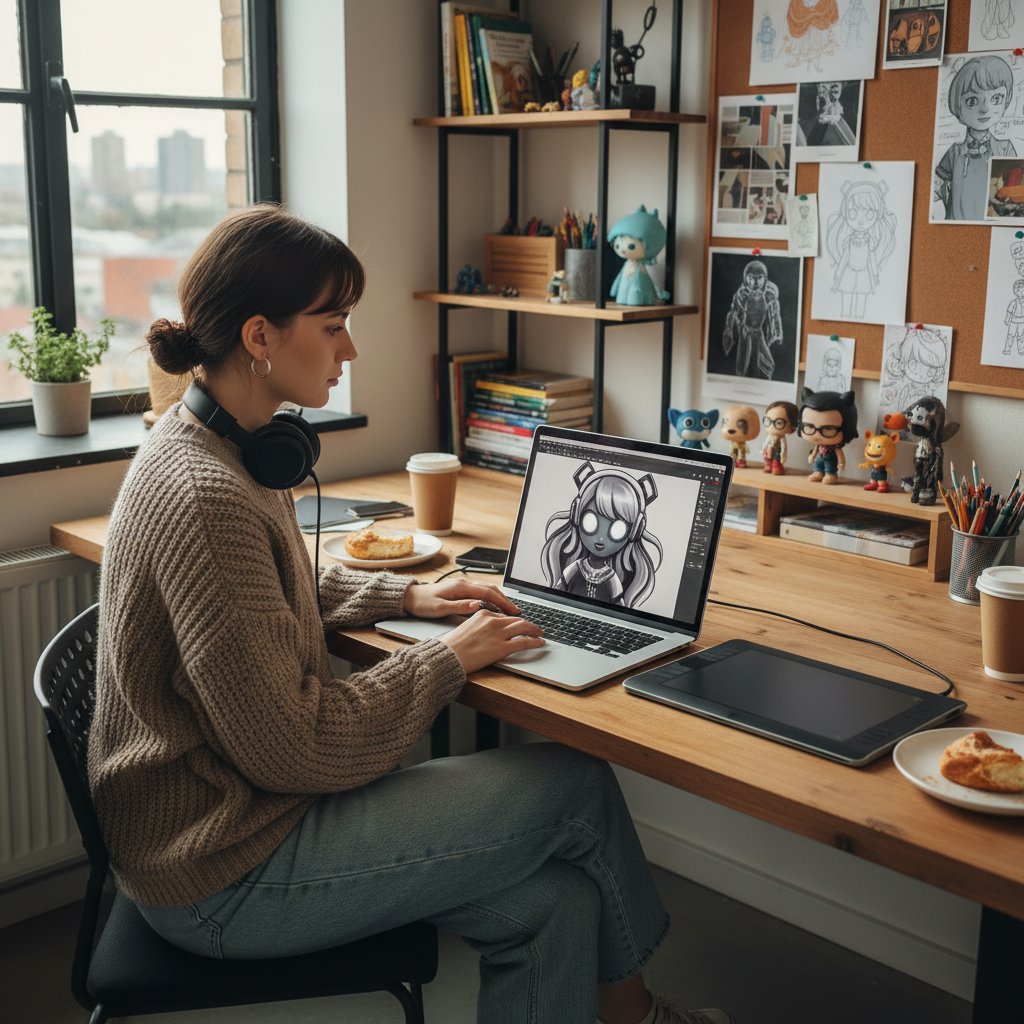 Polska twórczyni AI projektująca cyfrową postać na laptopie, otoczona kodem i szkicami