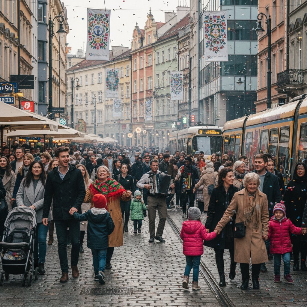 Zbiorowisko ludzi na ulicy, różne pokolenia, obraz polskiego społeczeństwa