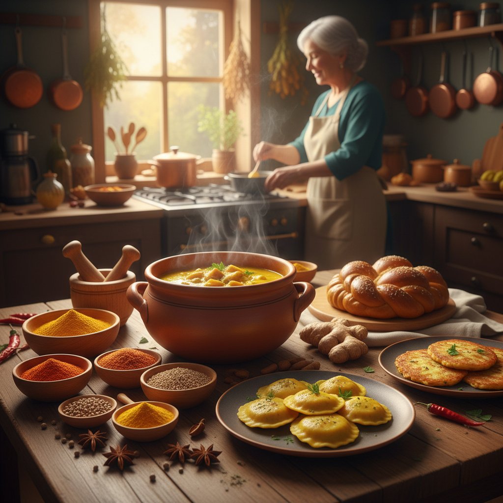 Przyprawy w polskiej kuchni, w centrum miseczka z kurkumą, tło domowe